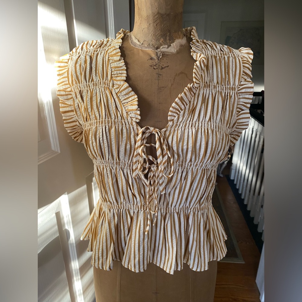 Marc New York NWT Smocked Ruffle Peplum Top S Tan White Stripe Babydoll